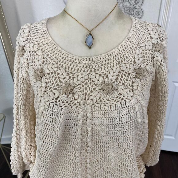 Boho Coquette Knit Cream White Boho Flower Crochet Bat Sleeve Boxy Top One Size - Picture 4 of 7